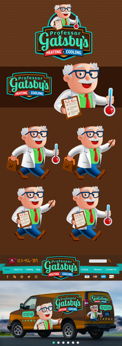 Mascot brand with the title 'Happy Professor Gatsby's Heating and Cooling Logo'