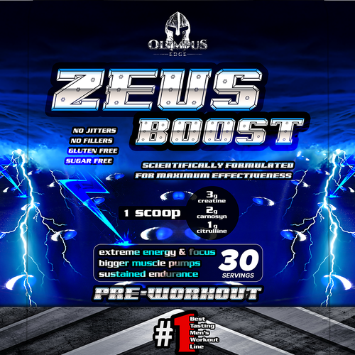 Protein label with the title 'Powerful Sports Supplement Pre-workout container'