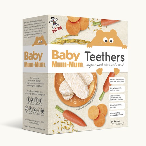 Biscuit packaging with the title 'A Packaging Refresh for Baby Mum-Mum - A Classic Baby Snack'