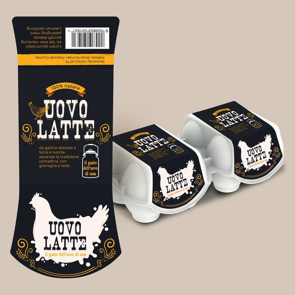 Milk label with the title 'UOVO Latte Eggs Packaging'