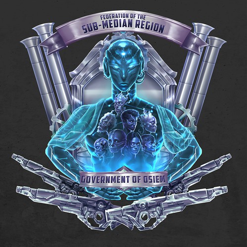 Book illustration artwork with the title 'Sci-Fi Coat of Arms - Sub Median Region Federation'