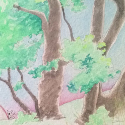Background artwork with the title 'Under the oak trees'