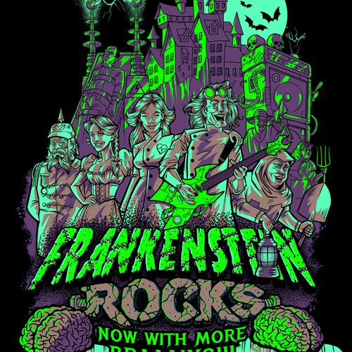 Halloween design with the title 'Frankenstein Rocks tee-shirt design. '