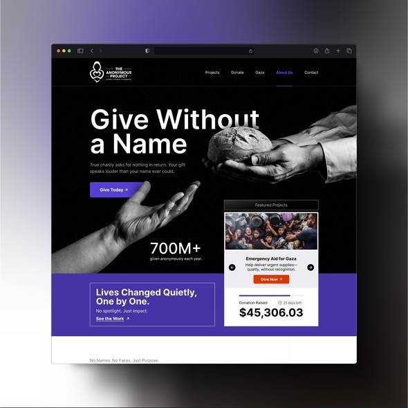 Website with the title 'Humanitarian Web Design – Anonymous Giving / The Anonymous Project'