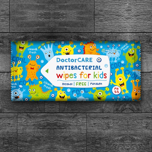 Cute packaging with the title 'Antibacterial Doctor Care wet wipes for kids'