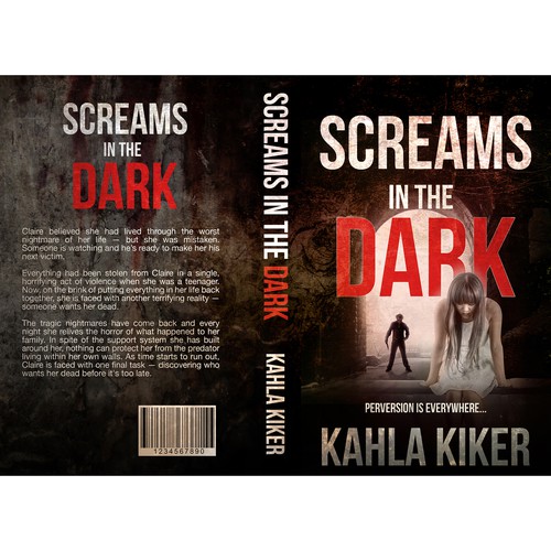 Psychological thriller book cover with the title 'SCREAMS IN THE DARK'