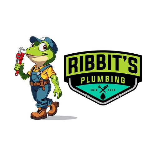 Frog design with the title ' fun and professional FROG themed logo for our new plumbing company!'