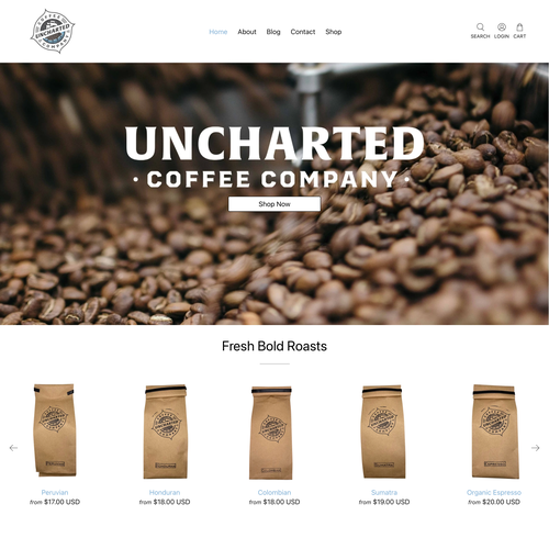 Ecommerce design with the title 'Uncharted Coffee Co Ecommerce Design'