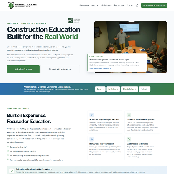 JavaScript design with the title 'National Contractor Standards Institute — Squarespace Redesign'