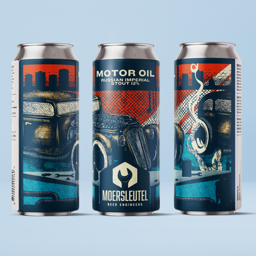 Garage design with the title 'Motor Oil Beer Label'