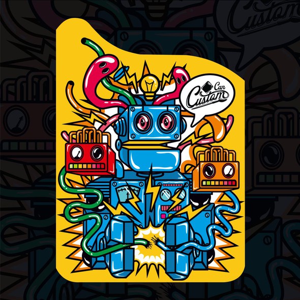 Cartoonish artwork with the title 'Bold Robot Charater Illustration for Jerry Cans'