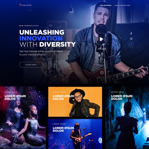 Music website with the title 'Web design for a website connecting diverse creative artists with media clients'
