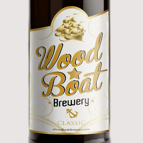 Gold label with the title 'Beer Packaging Design for Wood*Boat Brewing Company.'