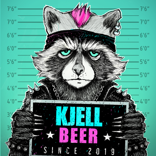 Intricate design with the title 'Punky raccoon illustration for KJELL BEER'