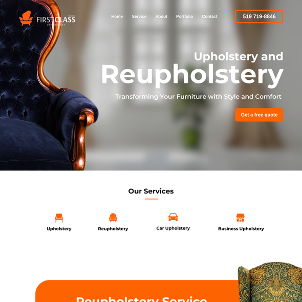 Furniture website with the title 'FIRST CLASS UPHOLSTERY WEB DESIGN'