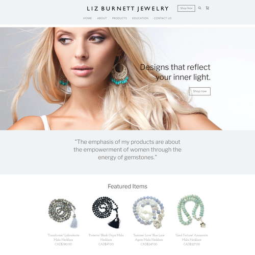 Jewelry design with the title 'WEBSITE DESIGN FOR SKINCARE BRAND - LIZ BURNETT JEWELRY'