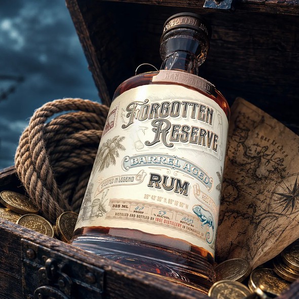Label with the title 'Forgotten Reserve Barrel Aged Rum'