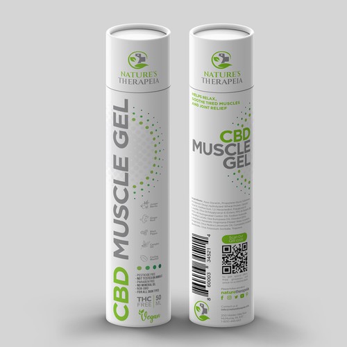 Cannabis packaging with the title 'Packaging CBD Muscle gel'