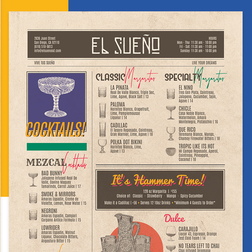 Cocktail design with the title 'Vintage, Fun Menu for a Vibrant Mexican Restaurant'