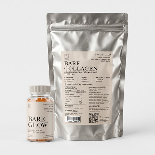 Label with the title 'BARE RITUALS  Bare Collagen'