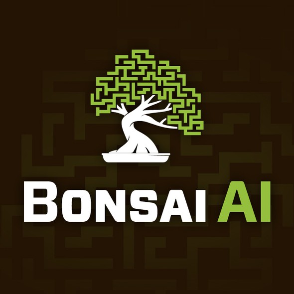 Bonsai logo with the title 'Can you embody artificial intelligence and education in a clean and elegant bonsai logo?'