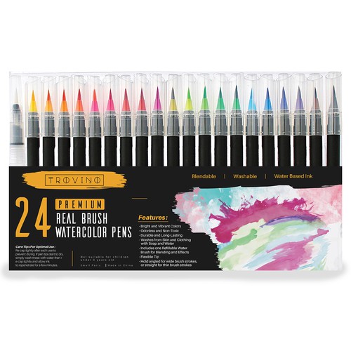 Coloring design with the title 'Attract artists: Design a compelling product label for Water Color Brushes/Pens'