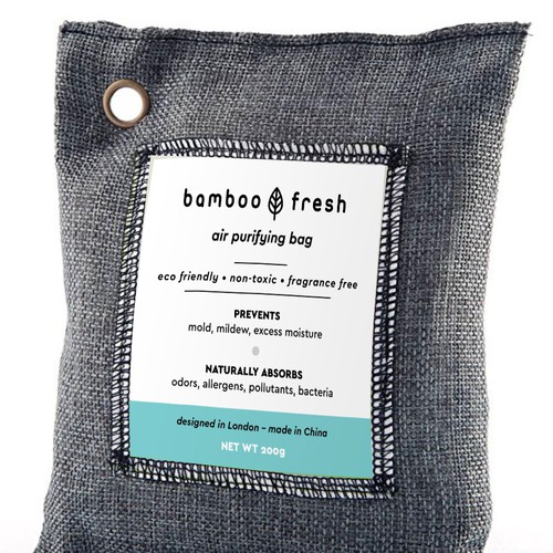 Bag label with the title 'Bamboo air purifying bag label'
