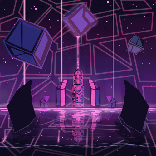 Cityscape artwork with the title 'Synth Flats'