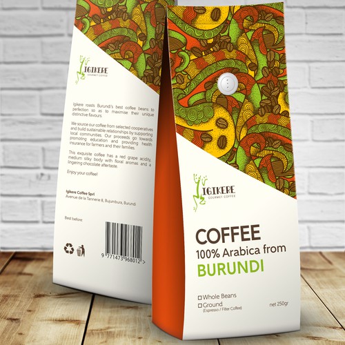 Ethnic design with the title 'Packaging design for Igikere Gourmet Coffee'
