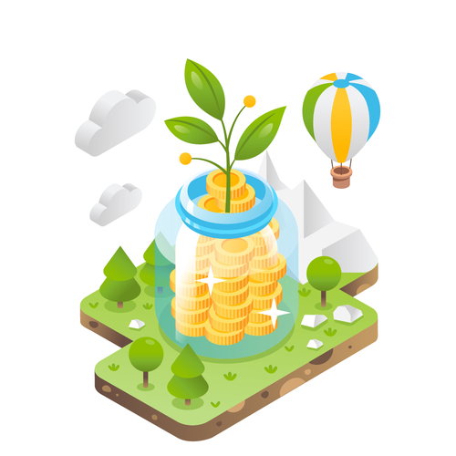 Plant illustration with the title 'Illustration of a jar with coins in isometric'