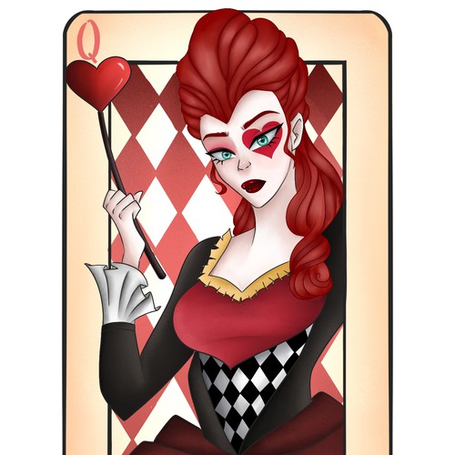 Alice in Wonderland design with the title 'Queen of hearts card'