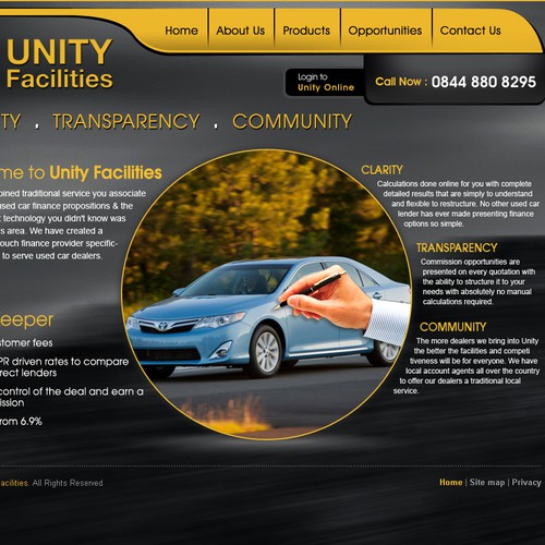 Car design with the title 'Unity Facilities Design'