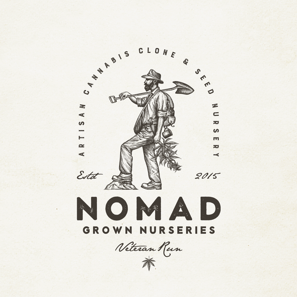 Nomad logo with the title ' Vintage logo design for a small hand crafted and hand grown legal medical cannabis and seed nursery in California.'