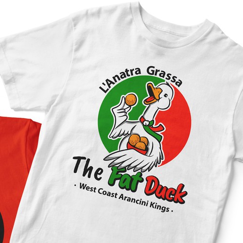 Italian design with the title 'Original mascot and logo for the West Coast Arancini Kings. Fat Duck!'