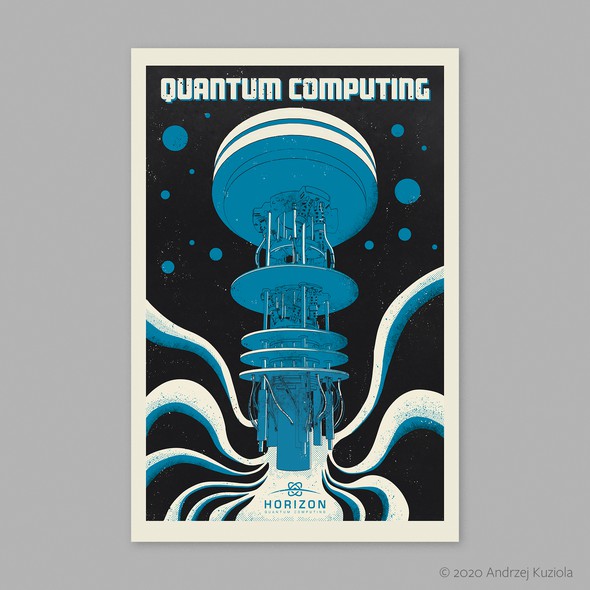 Poster artwork with the title 'Quantum computer poster in vintage style'