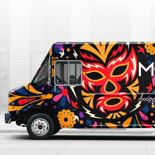 Van design with the title 'Moody's Food Truck Wrap Design'