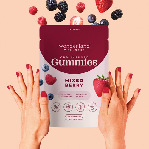 Gummy packaging with the title 'Enjoy Yummy CBD Gummies! 🍓'
