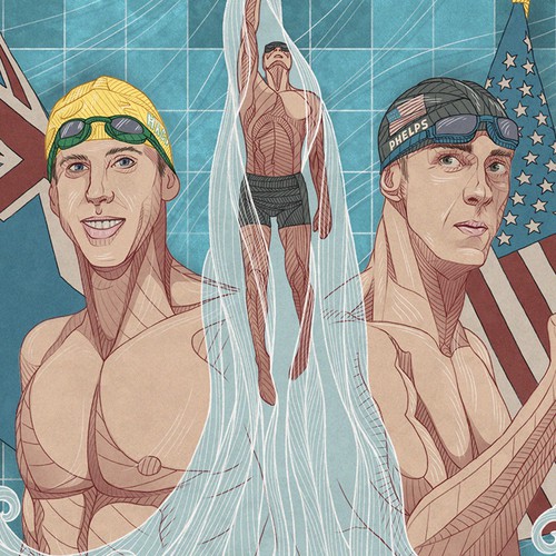 Pool design with the title 'Illustration of Michael Phelps and Grant Hackett'