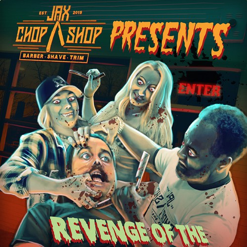 Barber design with the title 'Fun horor poster for a barbershop'