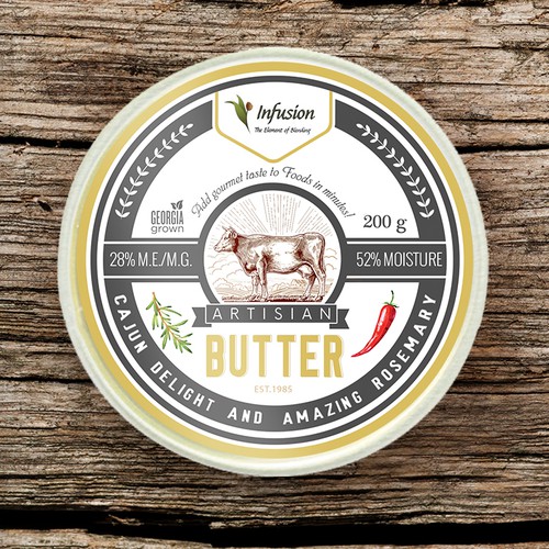 Retail label with the title 'Infusion Blends Co., olive oil and artisan butter labels design'