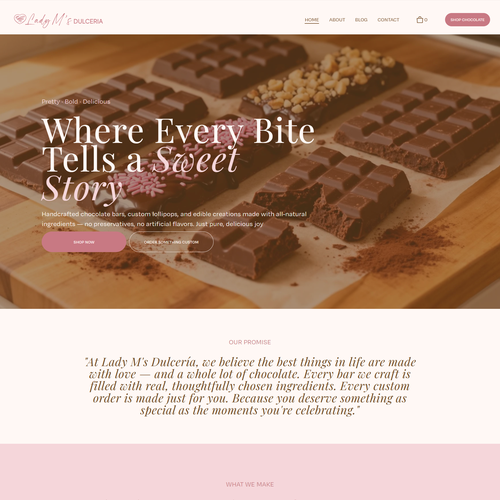 Design with the title 'Brand Identity & E-Commerce Website for a Handmade Chocolate Business'