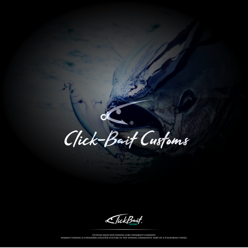 Fishing hook design with the title 'Click-Bait Customs, A swimbait fishing lures company'