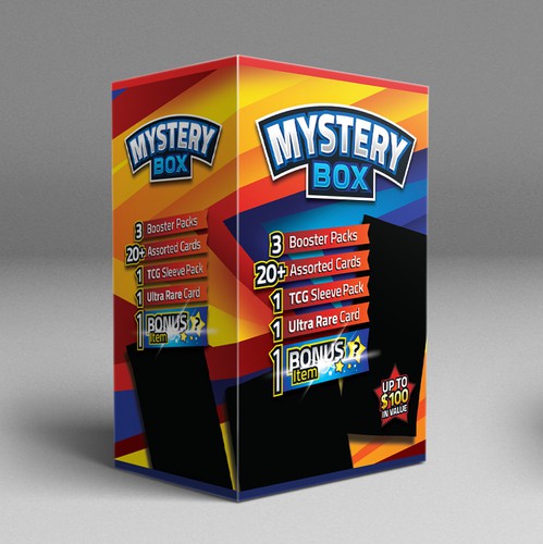 Blue packaging with the title 'Trading Card Mystery Box Packaging Design'