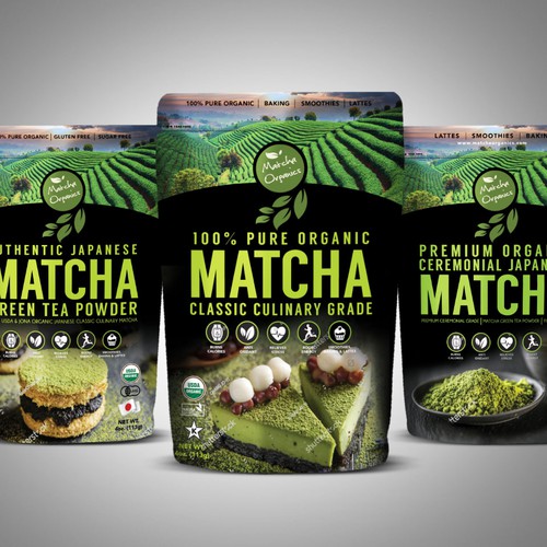 Pouch packaging with the title 'Green Tea Powder'
