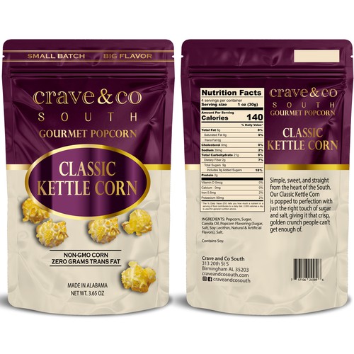 Packaging with the title 'CRAVE POPCORN'