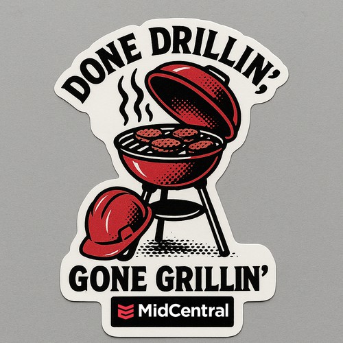 Drill design with the title 'Done Drillin’ Gone Grillin’ Hard Hat BBQ Sticker (Available For Sale)'