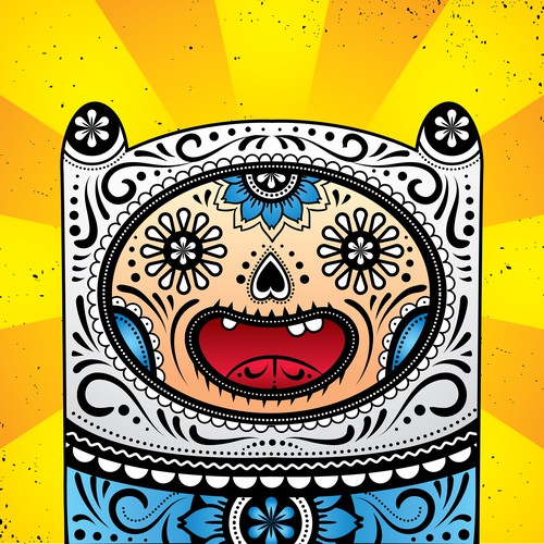 Sugar skull design with the title 'Finn the Human in a Sugar Skull Calavera'