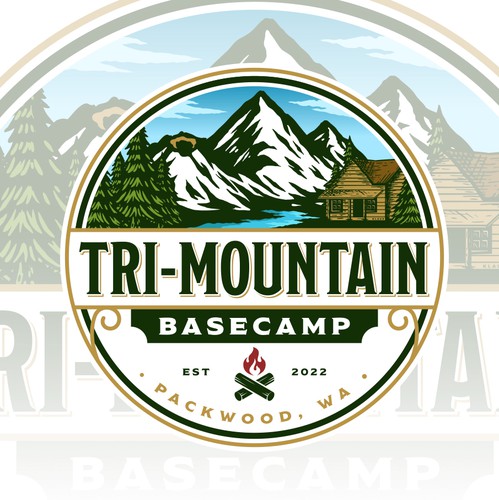 Summer camp logo with the title 'Tri-Mountain Basecamp'