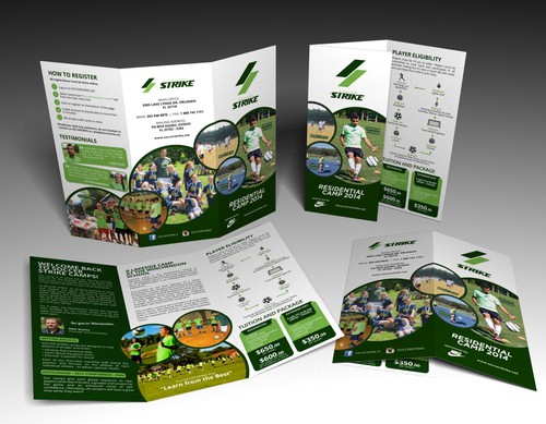 Photoshop design with the title 'Brochure design for a SOCCER CAMP event hosted in Massachusetts US.'