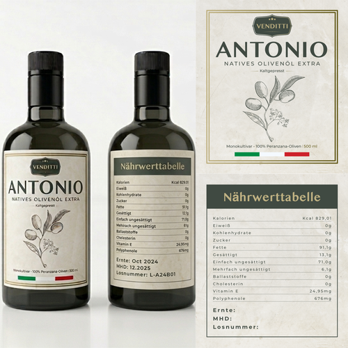 Olive oil label with the title 'Venditti Antonio Olive Oil Label Design'